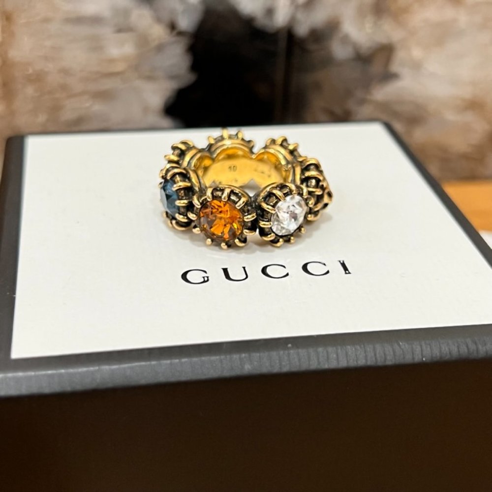 Gucci Aged Gold Tiger Head Multicolor Stones Infinity Stones Thanos Ring - Picture 5 of 15